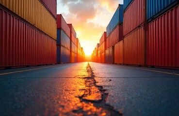 Colorful shipping containers line port at sunset creating perspective along cargo pathway. Ship freight logistic at terminal architecture. Urban scene, trade, transport, industrial landscape, pathway