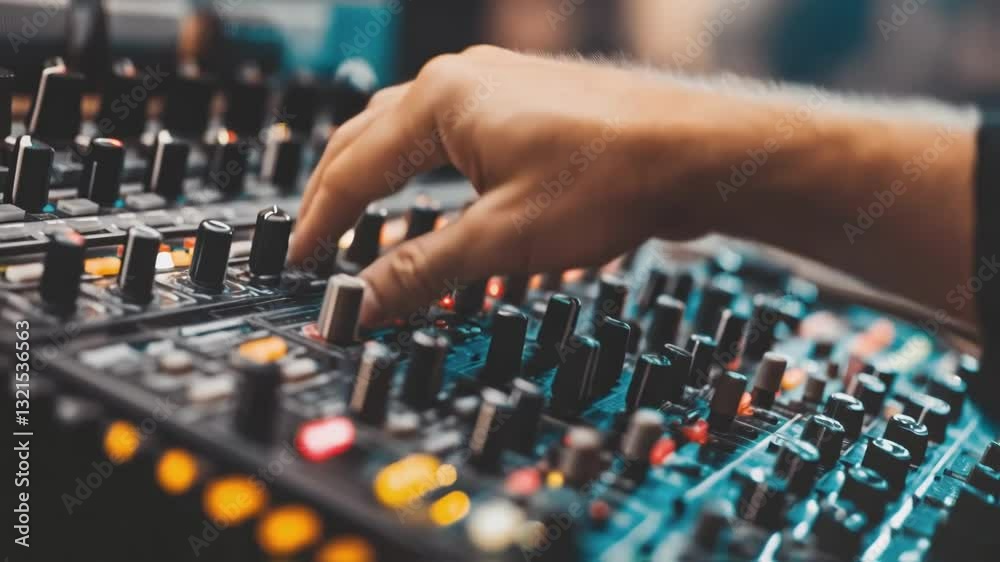 Poster professional audio engineer working with mixing console, carefully adjusting knobs and faders while 