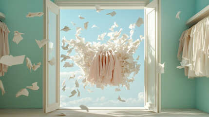 Surreal wardrobe with floating clothes. Fantasy interior design. Modern, artistic concept, Spring sale motive.