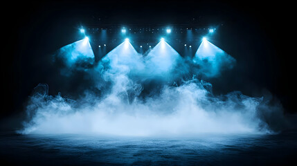 Fototapeta premium Illuminated Empty Stage With Blue Spotlights And Smoke In Dark Background Dramatic Atmospheric Scene For Performance Or Concert