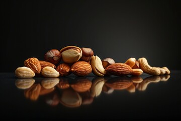 A collection of assorted nuts displayed elegantly on a reflective surface, highlighting their textures and colors against a dark background.