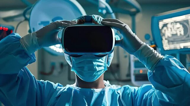 Surgeon wearing virtual reality headset in operating room