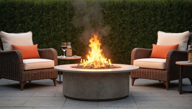 Bright fire pit burns on patio with comfortable chairs. Side table holds wine glass, snacks. Shrubbery creates privacy. Backyard setting invites relaxing, gathering, entertaining evenings. Cozy, warm