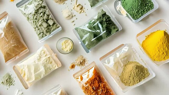 Colorful superfood powders and supplements on white background