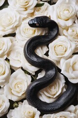 Black snake among white roses.