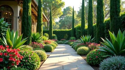 Serene Garden Path Flanked by Lush Greenery and Vibrant Blooms, Leading to a Luxurious Residence