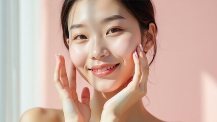 Naklejka premium Beautiful Korean Young Woman with Perfect Skin. Skin Care Product Model
