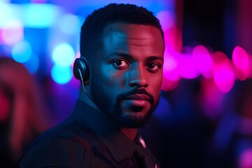 portrait of a man with a serious expression in neon lights.