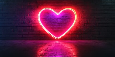 Vibrant neon heart artwork illuminating a brick wall in a dark, modern space