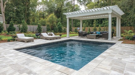 Backyard Poolside Relaxation  Luxury Patio, Pergola,  Greenery