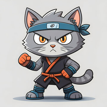 recommend clip art: Cartoon Ninja Cat with Blue Headband and Black Outfit in Action Stance – Animated Vector Clip Art for Kids’ Apparel, Posters, and Martial Arts Event Banners