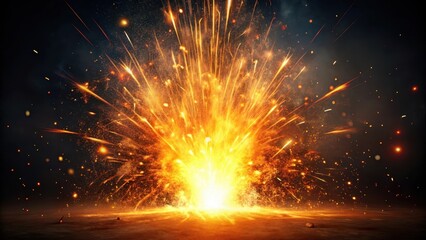 Fiery explosion on dark background with sparks flying upwards , flames, pyrotechnics
