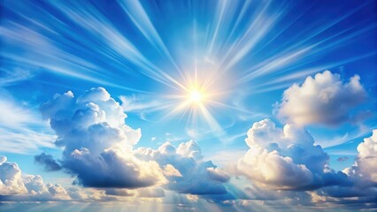 Soft, puffy white clouds float gently in the cerulean sky as sun rays illuminate their ethereal forms, casting a warm glow across the serene landscape , blue sky, sunny day