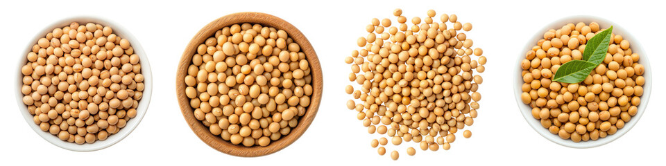 Assortment of organic soybeans in wooden bowls on a white background  High protein legumes with natural eco friendly and nutritious qualities for vegetarian and vegan diets