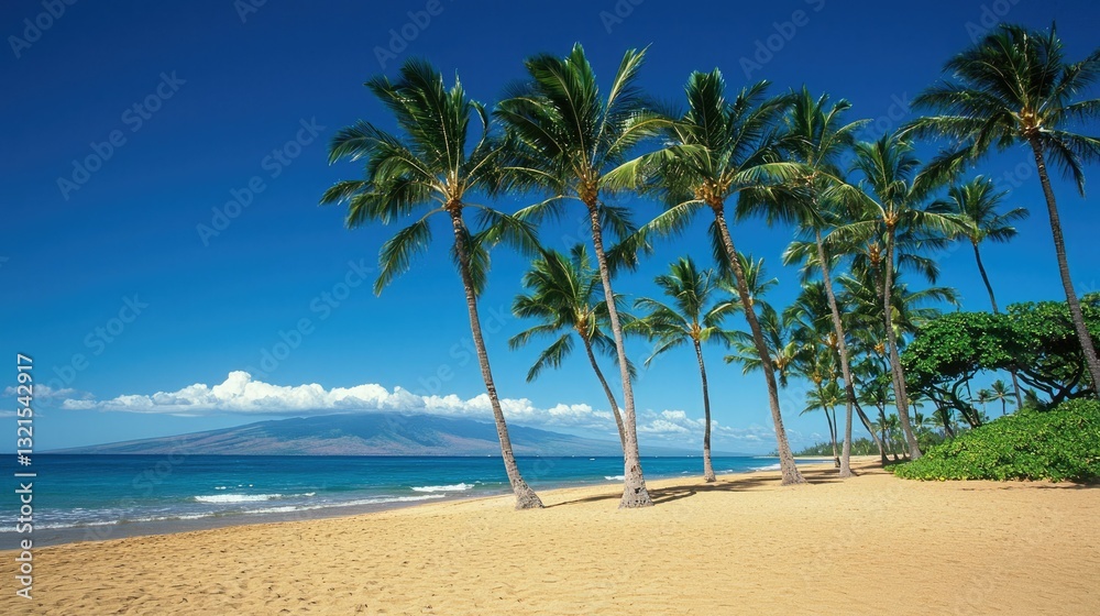 Poster a tropical beach with tall palm trees swaying in the breeze under a clear blue sky.