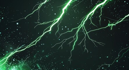 Abstract green silver lightning sparks anime on plain dark black background illustration