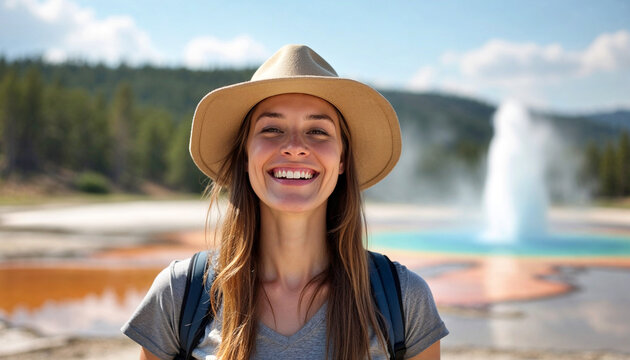 Happy girl traveller posing against the summer geyser Springs landscape at the  Park