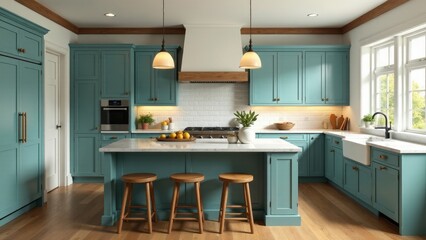 A serene kitchen design featuring teal cabinetry, marble countertops, and wooden accents, creating a calm and inviting atmosphere.