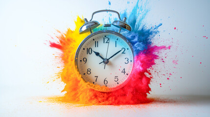 Colorful explosion around a clock marks the passage of time in a creative artistic display
