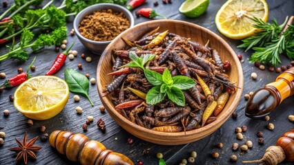 Close-up of a bowl with mixed edible insects on a kitchen table, surrounded by various food ingredients such as fresh herbs, lemons, and spices, edible insects, exotic food