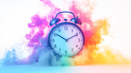 Colorful alarm clock surrounded by vibrant smoke represents time passing and the urgency of deadlines