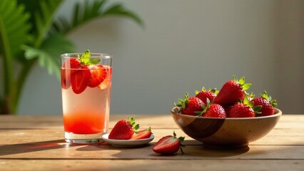 Refreshing Strawberry Summer Drink with Fresh Berries in a Wooden Bowl