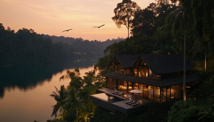 Fototapeta premium Luxurious riverside estate at twilight