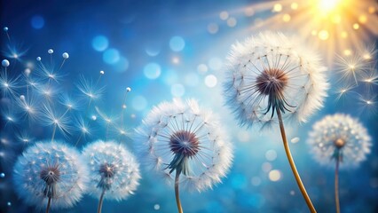 Obraz premium Delicate dandelion flowers sway gently in the soft breeze against a serene abstract blue background with warm sunrays illuminating its delicate petals , blue, serene