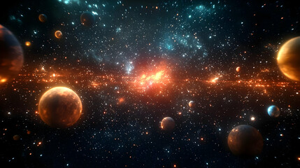 Vivid Depiction Of A Galaxy With Colorful Nebulae And Celestial Bodies With Swirls Of Orange And Blue Interstellar Dust Clouds