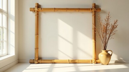 Large bamboo frame against a white wall with dried flowers in a vase