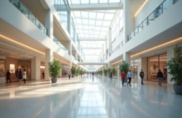 Fototapeta premium Blurred shopping mall background with walking people, stores. Modern fashion outlet with luxury urban interior. Light indoor perspective with copy space. Abstract defocused corridor with decorate