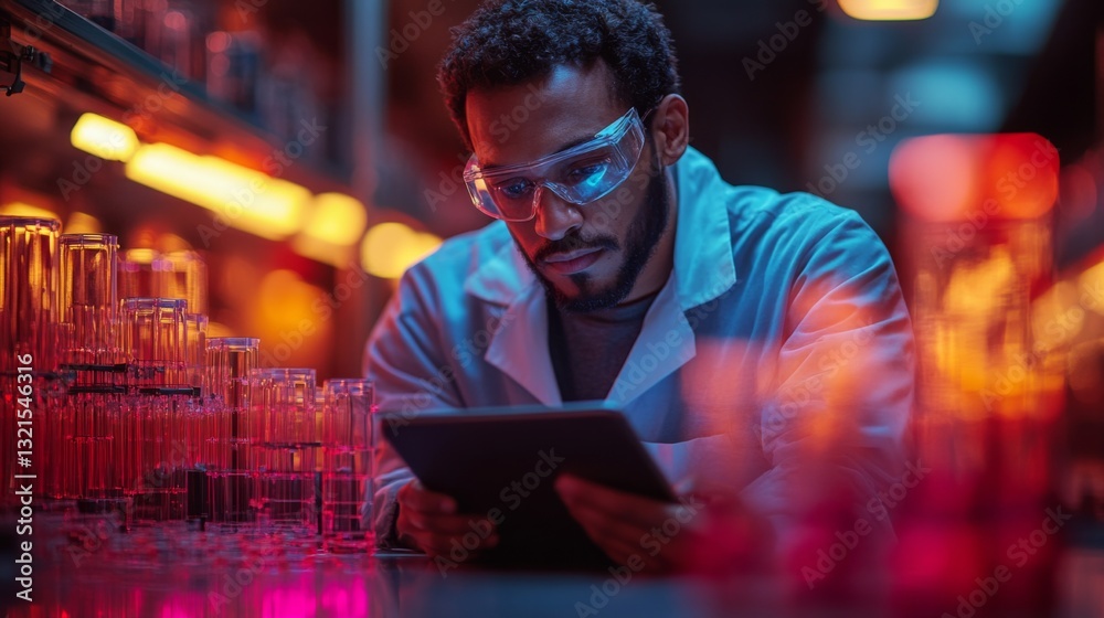 Aufkleber A scientist analyzes data on a tablet while surrounded by colorful test tubes in a laboratory focused on quantum mechanics. The lab is filled with advanced equipment.