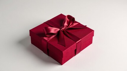 Fototapeta premium A Crimson Gift Box with a Delicate Satin Ribbon Bow, Elegantly Presented on a Smooth Surface
