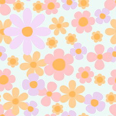 Seamless floral pattern in simple, cute cartoon style. Pastel background and flowers. Design for covers, fabric and wallpaper. Vector, universal illustration
