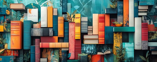 A modern artstyle collage featuring books