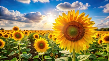 Sunny day with a bright sunflower field in full bloom, capturing the vibrant colors of summer and the joy of warmth on a warm July morning , nature, warm weather
