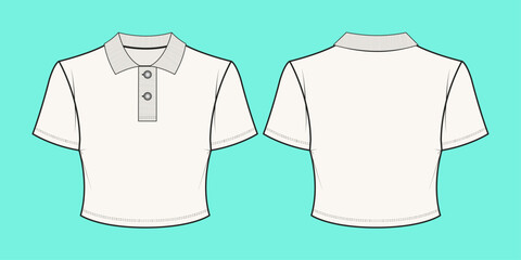  Ladies Crop Short sleeve polo technical fashion flat sketch.