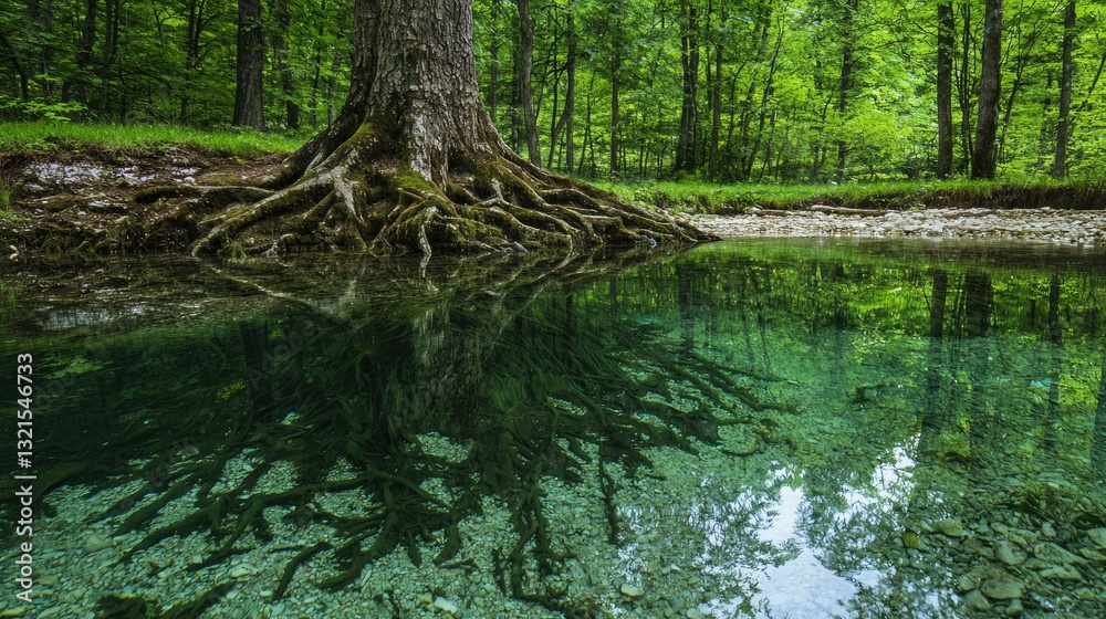Poster A tree with roots partially submerged in a clear stream, reflecting in the water. 