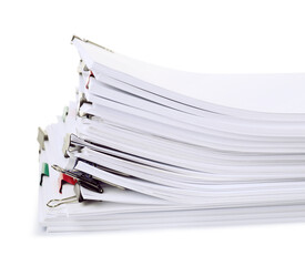 Colorful binder clips with sheets of paper isolated on white