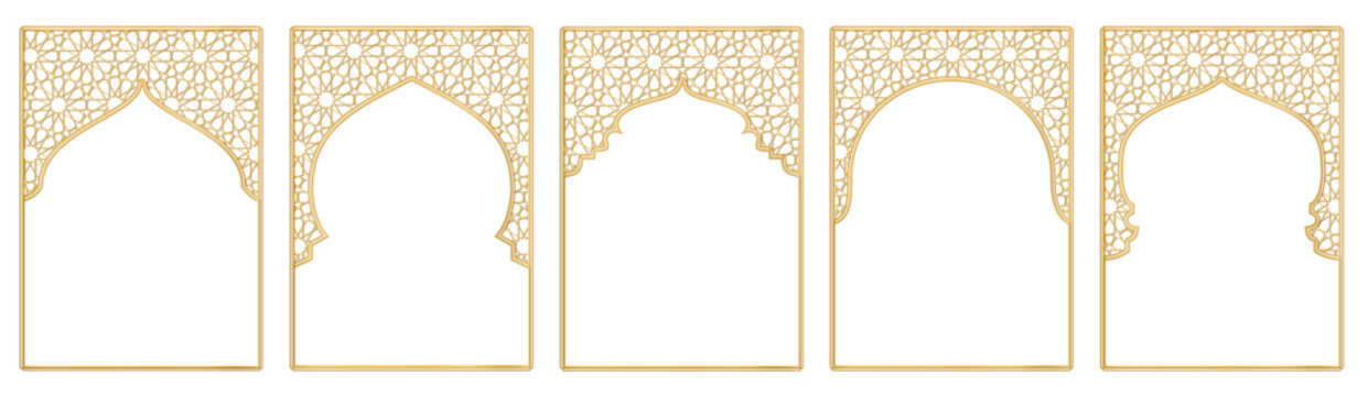 Golden islamic windows, mosque doors with traditional pattern. Ramadan or Al-Adha golden decoration, holiday frames. Vertical format for cards or social media. Transparent background in vector file.