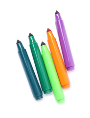 Many colorful markers isolated on white, top view