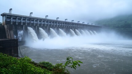 Water Flowing From Hydroelectric Dam Creates Mist on River