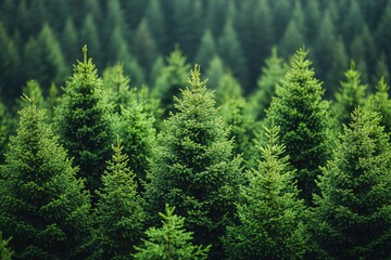 Green forest of spruce trees, aerial view. High-resolution photography, high-quality photo details. Natural light, sunny day, daylight. Professional color grading, soft shadows, low contrast