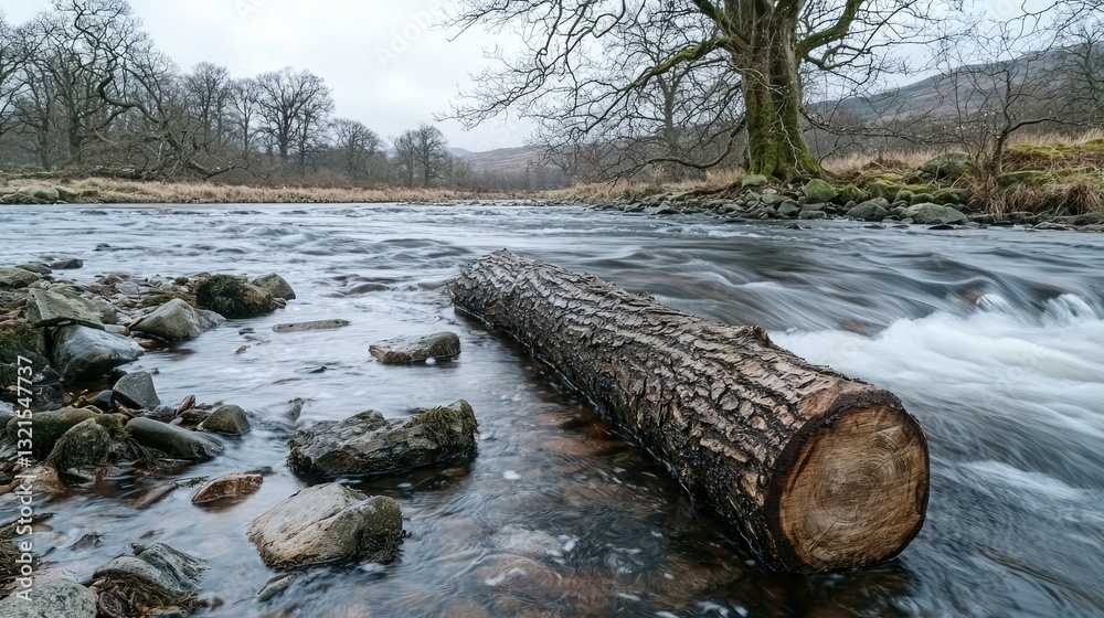 Poster A tree trunk submerged partially in a flowing river, surrounded by rocks. 