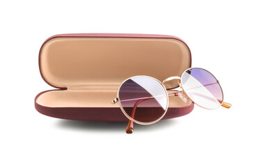 One case with sunglasses isolated on white
