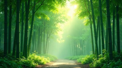 Serene Path Through a Lush Bamboo Grove Bathed in Sunlight and Mist