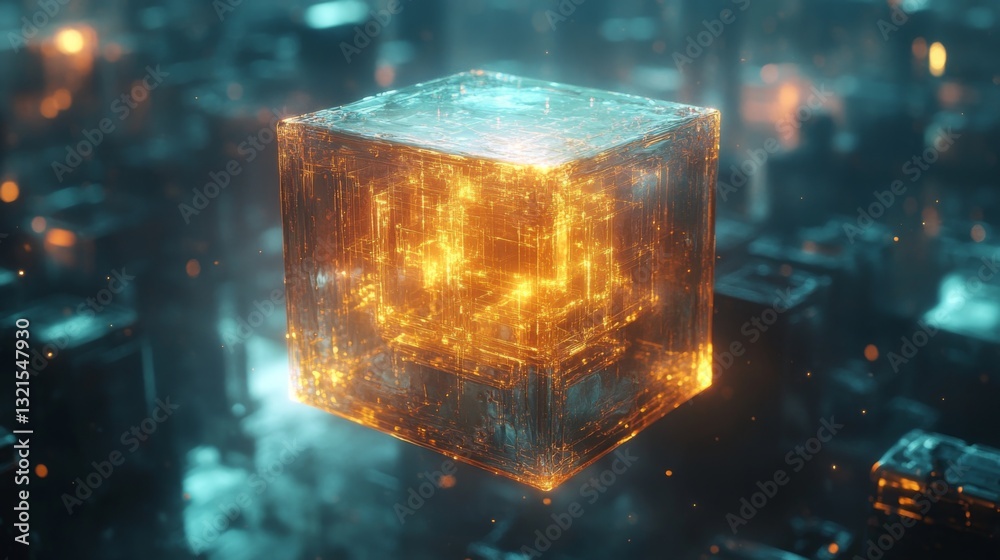 Aufkleber Floating in a digital realm, a luminous cube represents the complex dynamics of quantum computing, showcasing qubits in superposition and entangled states amid a futuristic landscape.