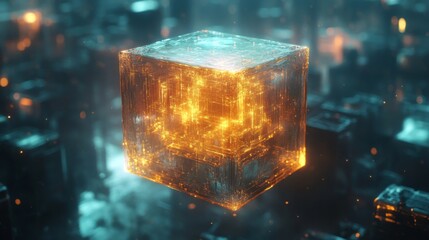 Floating in a digital realm, a luminous cube represents the complex dynamics of quantum computing, showcasing qubits in superposition and entangled states amid a futuristic landscape.
