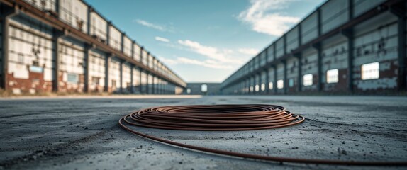 Fototapeta premium Industrial Warehouse with Coiled Steel Wire on Ground in Bright Daylight Setting.