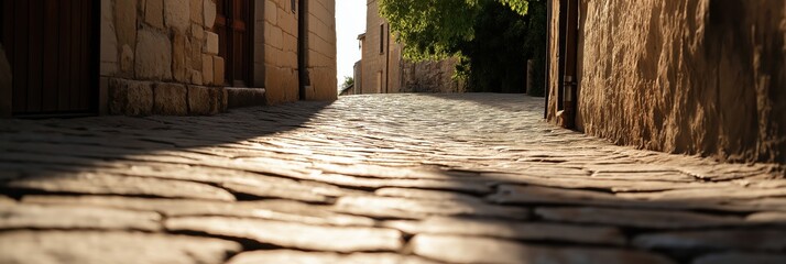 This image captures a serene cobblestone street glowing under soft sunlight, evoking a sense of nostalgia and charm pertinent to old towns and tranquil evening walks.